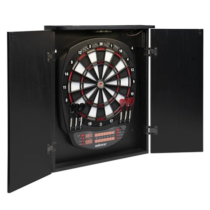 Unicorn Impact LED Electronic Dartboard Cabinet Set - Door Activated LED Lights - Dual LED Scoring Displays with Cricket Marks - Includes 6 Soft Tip Darts and Replacement Tips