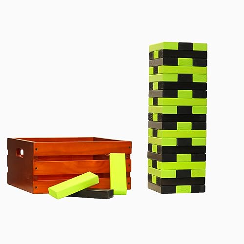 Tailgating Pros Premium Giant Toppling Timbers with Stained Crate – Choose Your Team Colors! Jumbo Outdoor Yard Game, Tower Grows to Over 5 Feet! –Optional Tipsy Stickers Available! - color: Lime / Black, size: With Tipsy Stickers