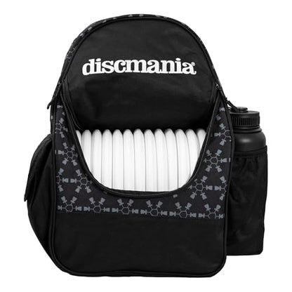 Discmania Fanatic Go Disc Golf Backpack | 18 Capacity + Top Pocket for 2 Putters | Lightweight, Durable Disc Golf Bag | Tall Side Pocket, Bottle Holder | Padded Straps & Water-Resistant Shell - color: Black