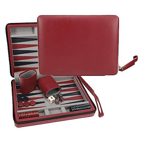 WE Games Backgammon Set, Board Games for Adults - Travel Games - Magnetic with Burgundy Leatherette Backgammon Board and Carrying Strap - Travel Backgammon Sets for Adults - color: Burgundy