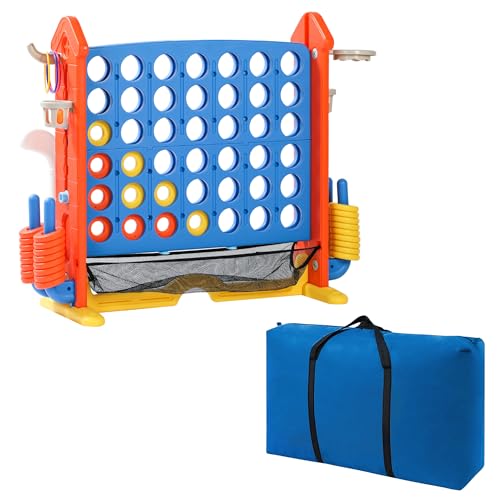 4-to-Score Giant Game Set, 4-in-1 Indoor Outdoor Yard Family Connect Game (4-in-a-Row + Basketball + Ring Toss + Mini Golf), Height Adjustable 2.5–3.3FT, Includes Carry Bag - size: 43"x16"x38"-Orange&Blue