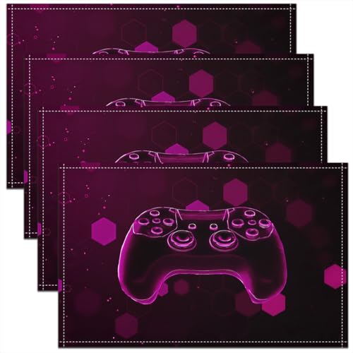 Erosebridal Boys Gaming 4 PCS of Placemats 12x18 Video Game Place Mat for Dining Table Geometric Lights Modern Non Slip Table Mats Pink Neon Hexagon Honeycomb - color: Pink