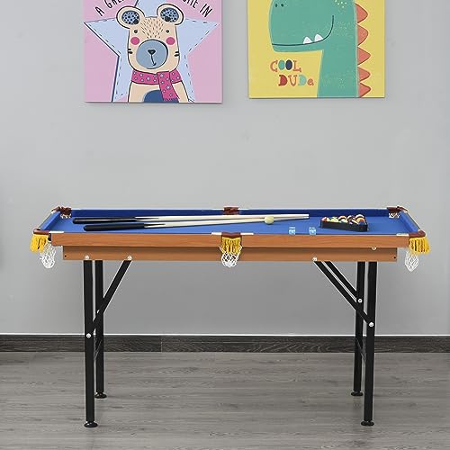 Folding Pool Table with Accessories, 55x24.75x29.5 Inches, Blue Felt Top, Includes 2 Cues, 16 Balls, Chalk, Triangle Rack, 6 Mesh Bags, Compact Billiard Game Table for Kids and Adults