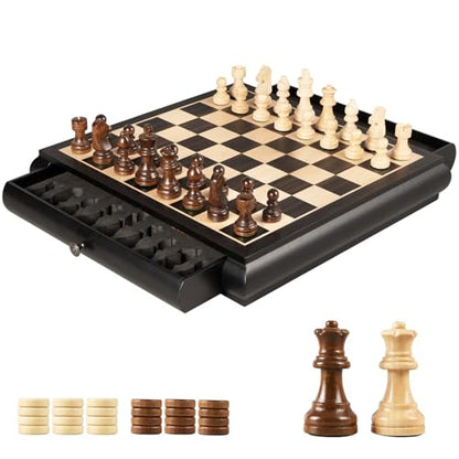 VAMSLOVE Wooden Chess Checkers Game Set 15.5" Large Size Board w/Storage Drawers, Weighted Chess Pieces - 2 Extra Queens 3" King, Gift for Birthday Housewarming Retirement - Black
