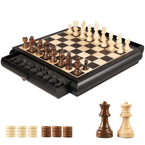 VAMSLOVE Wooden Chess Checkers Game Set 15.5" Large Size Board w/Storage Drawers, Weighted Chess Pieces - 2 Extra Queens 3" King, Gift for Birthday Housewarming Retirement - Black