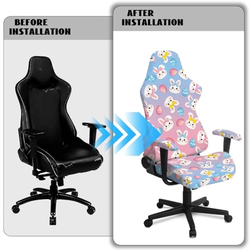 Ergonomic Office Chair Cover with Armrest Covers Fade-Resistant Fabric Stretch Easter Decor Reclining Racing Gaming Chair Slipcovers with Zipper, Bunny Easter Eggs Blue Pink Gradient - color: Bunny Easter Eggs Blue Pink Gradient