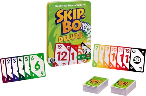 Mattel Games Skip-Bo Deluxe Card Game for Kids, Grown-Ups & Family Nights in Tin Packaging, Color Blind Accessible Deck for 2 to 6 Players Ages 7+ (Amazon Exclusive) - style: Skip-Bo Deluxe
