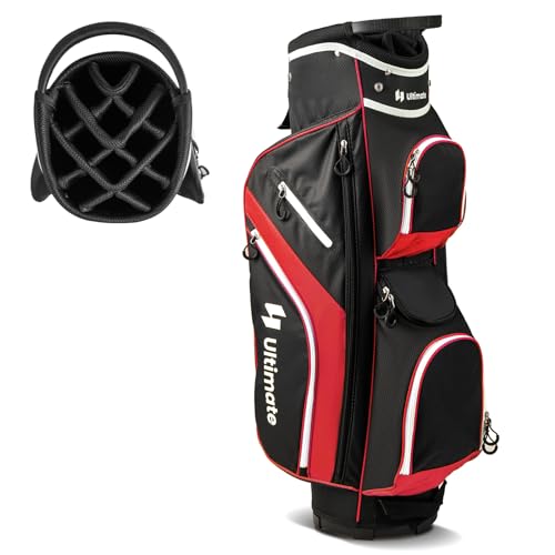 ULTIMATE Golf Cart Bag with 14-Way Top Dividers, Golf Club Bag w/ 9 Pockets incl. Cooler Bag, Rain Hood/Dust Cover, Detachable Shoulder Strap & Carry Handles, Lightweight for Men & Women - color: Red