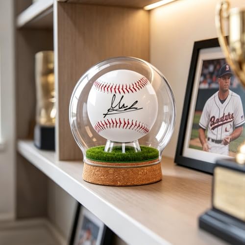 Real Glass Baseball Display Case - UV Protected Dome Tabletop Box with Cork Base & Faux Grass for a Single Official, Signed or Game-Used Baseball (Cloche Dome)