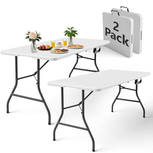 Folding Table 2 Pack, 5FT Folding Table Portable with Built-in Handle, Heavy Duty Plastic Table with Steel Legs Supports to 300lbs, Suitable for Party, Camping, Events Indoor&Outdoor Use, White - color: White, size: 5FT-2Pcs