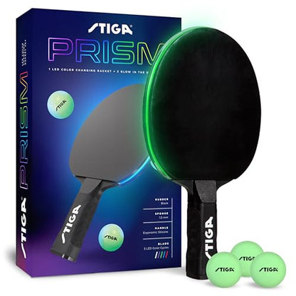 STIGA Prism LED Ping Pong Paddle - 5 LED Color Cycles - Color Gradient Mode - Includes 3 Glow-in-The-Dark Balls - 1.5mm Sponge with Smooth Rubber - Silicone Grip for Max Control