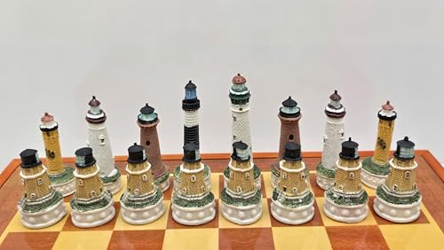 Lighthouse Themed Collectible Chess Set with Wooden Storage Board, Complete 32 Piece Hand Painted Resin Lighthouse Chess Pieces, Nautical Coastal Decor Chess Board Game Set for Adults Gift
