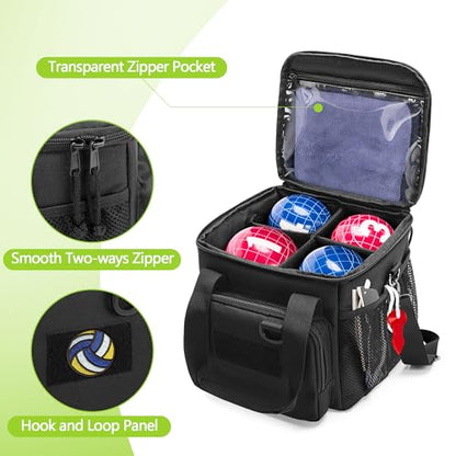 DSLEAF Bocce Ball Carry Bag Holds up to 8 Balls, Portable Bocce Ball Storage Bag with Multiple Pockets and Detachable Shoulder Strap for Easy Carrying(Only Bag, Not Including Balls)