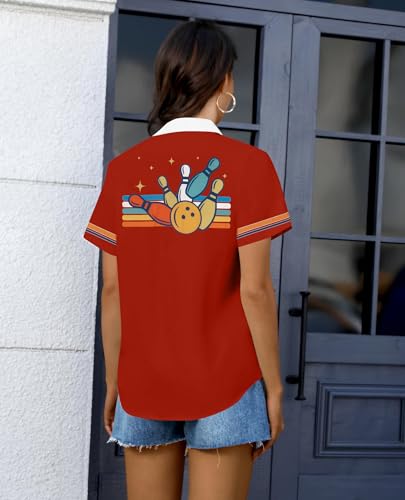 Bowling Shirts Women Hawaiian Bowling Shirt Bowling Lover Gift Tops Bowler Button Down Short Sleeve Tee - color: Red, size: Large