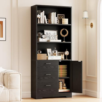 IRONCK Bookshelf with Doors and 3 Drawers 71 in Tall Bookcase with 3-Tier Shelves, Industrial Book Shelf with Storage for Living Room Entrance Hallway Home Office, Black - color: Black