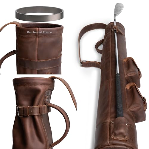 Leather Vintage Carry Golf Bag with Shoulder Strap, Standing Carry Golf Bags, Men's Basic Bag for Golf Clubs, Golf Stand Bags for Men, Mens Walking Golf Club Cart Bag, Lightweight Caddie Golfing Gear