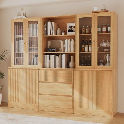 TUSY Tall Bookcase with Glass Doors and Drawers,71'' Wooden Bookshelf with Storage,Display Cabinet for Living Room, Home Office,Set of 2 (A+B)
