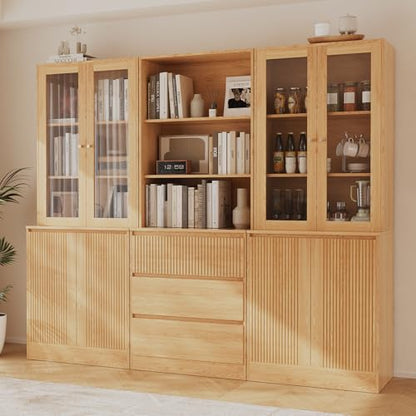 TUSY Tall Bookcase with Glass Doors and Drawers,71'' Wooden Bookshelf with Storage,Display Cabinet for Living Room, Home Office,Set of 2 (A+B)