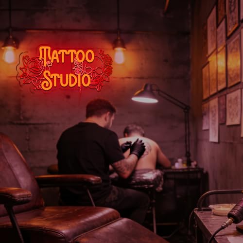 Tattoo Studio Neon Sign for Wall Decor, Red Rose Flower Led Signs for Business, USB Dimmable Skull Neon Lights for Tattoo Piercing Salon Beer Bar Pub Garage Man Cave Gothic Party Decor - style: Tattoo Studio