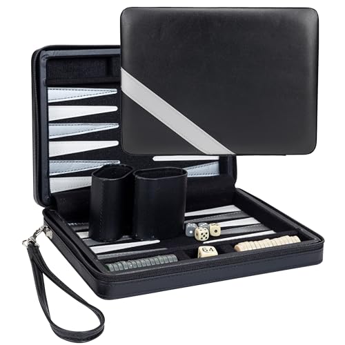 WE Games Backgammon Set, Board Games for Adults - Travel Games - Black with Gray Stripe Magnetic Leatherette Backgammon Board and Carrying Strap - Travel Backgammon Sets for Adults - color: Black With Gray Stripe