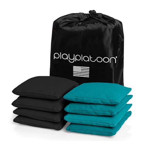 Play Platoon Cornhole Bags Weather Resistant- Set of 8 Regulation Bean Bags for Tossing- Official Professional Size & Weight Corn Hole Bags Two Color All Weather Cornhole Beans Bag Set with Tote Bag - color: Teal & Black