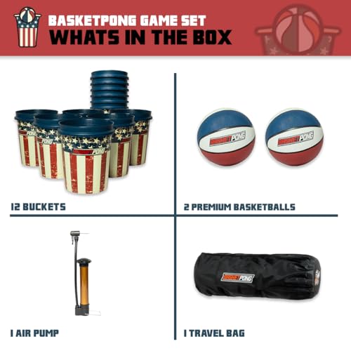 BasketPong USA – Giant Yard Pong and Basketball Game with 12 Buckets, 2 Balls, Carrying Bag, and Air Pump – Outdoor Game for Lawn, Backyard, Beach, and Parties