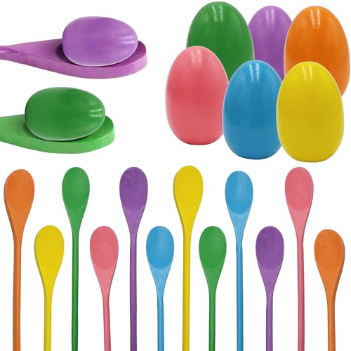Chochkees 12-PCS 6 Wooden Easter Eggs and 6 Wooden Spoon Race Game Set, 6 Sets, Multi-Player Carnival Game for Kids & Family Activity Holiday Outdoor Yard Easter Egg Hunt Birthday Party Lawn Games - style: 6 Players