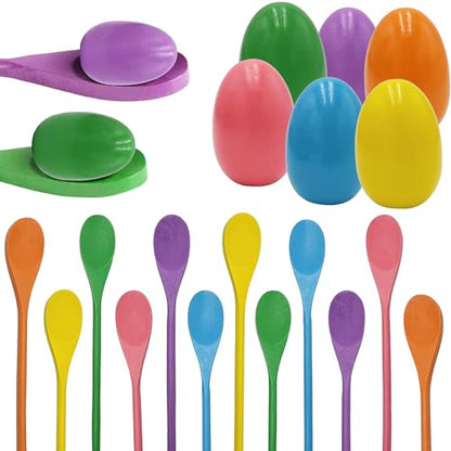 Chochkees 12-PCS 6 Wooden Easter Eggs and 6 Wooden Spoon Race Game Set, 6 Sets, Multi-Player Carnival Game for Kids & Family Activity Holiday Outdoor Yard Easter Egg Hunt Birthday Party Lawn Games - style: 6 Players