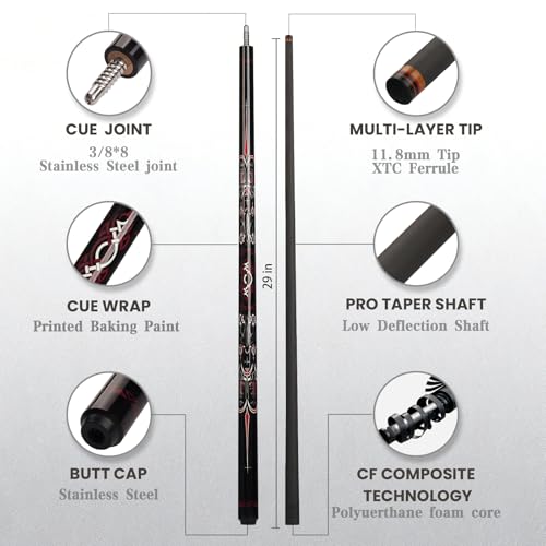 Cuefessnuance 58" Carbon Fiber Pool Cue, Low Deflection | Gothic pattern design, black, 100% carbon fiber shaft, pro taper, 11.8mm pigskin tip, 3/8-8 stainless steel joint - color: Black