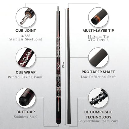 Cuefessnuance 58" Carbon Fiber Pool Cue, Low Deflection | Gothic pattern design, black, 100% carbon fiber shaft, pro taper, 11.8mm pigskin tip, 3/8-8 stainless steel joint - color: Black