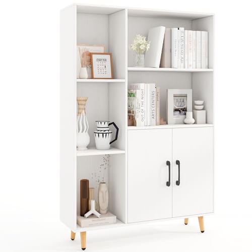 Giantex 47" Storage Cabinet, Bookcase with 2 Doors, 5 Open Shelves, Metal Legs & Anti-tip Kits, Side Display Cabinet, Floor Storage Organizer, Book Shelf for Office Entryway Living Room, White - color: White