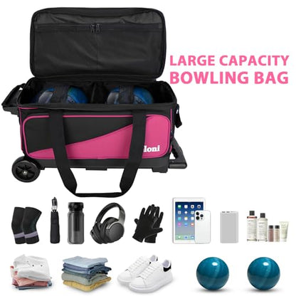 Goloni 3 Ball Bowling Bag with Wheels, 2+1 Double Roller Bowling Bag with Shoe Compartment,Tote Bag for Bowling Accessories - color: 2 Ball-Pink