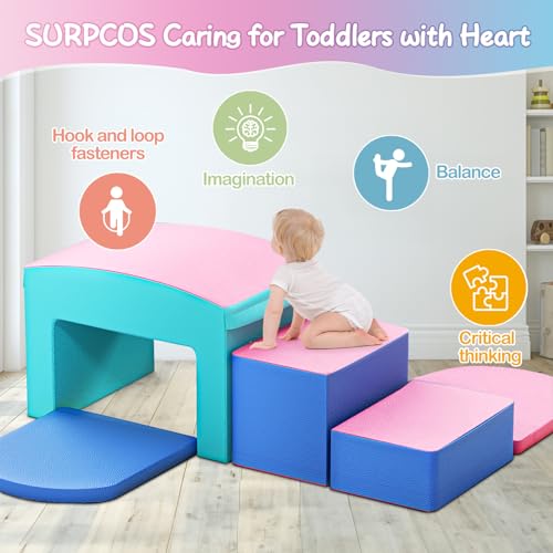 Crawl and Climb Foam Play Set, 6 Pcs Climbing Toys for Toddlers 1-3, Climb and Crawl Activity Playset, Soft Play Equipment Crawling and Sliding (Blue&Pink) 6 peices - color: Pink&blue