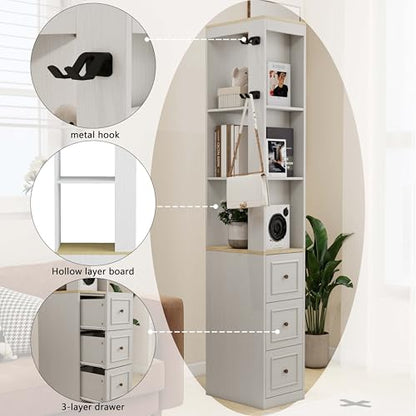73" Tall Slim Storage Cabinet, Antique White Media Console with 3 Drawers and Display Shelves, Narrow Bookcase for CDs DVDs Game Console, Space Saving Storage for Living Room Bedroom