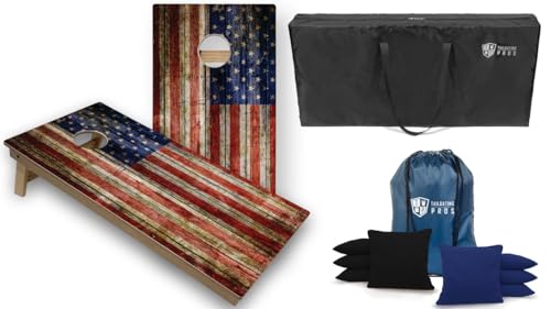 Tournament Grade Tailgating Pros American Flag Wooden Plank Design Cornhole Board Set w/Bean Bags and Carrying Case - 4'x2' Corn Hole Toss Game w/Built in Lights - color: Black / Royal