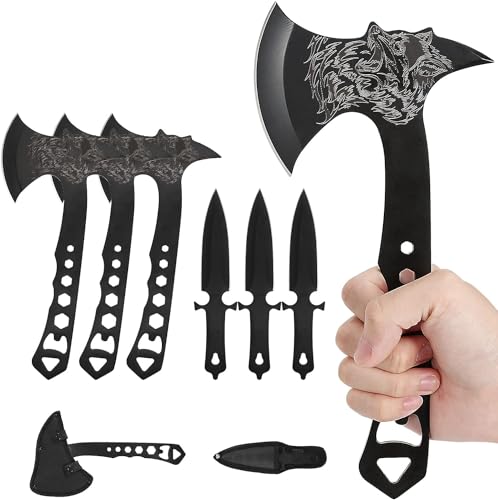 Throwing Axe and Tomahawk 3 Pack Protective Nylon Sheath with Built-in Corkscrew,10.4" Full Tang Stainless Steel Throwing Tomahawk - color: Black