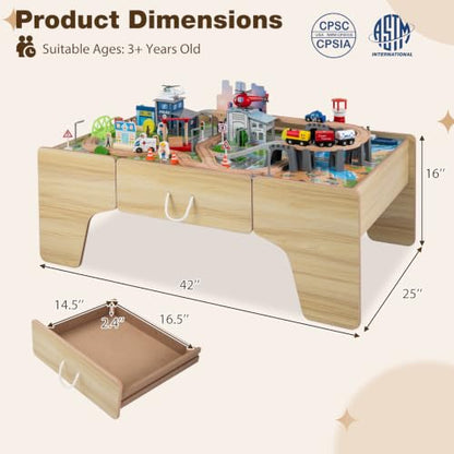 Costzon 110-Piece Wooden Train Table with Drawer for 3+ Years Old Toddlers | 3-in-1 Kids Activity Play Set w/ Reversible Tabletop, Storage Space, Train Tracks, Figures, Vehicles, and Buildings - size: 42" x 25" x 16" (L x W x H)