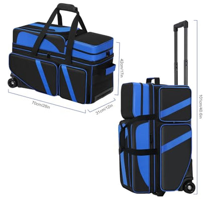 3 Ball Bowling Roller Bag with Smooth Wheels & Shoe Compartment, Heavy Duty 3 Ball Bowling Bag with Retractable Handle, Large Capacity Bowling Bag with Multi-pockets for Tournament, Travel, League - color: Blue