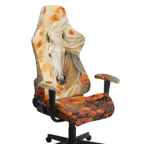 Horse Flower Print Gaming Chair Covers Slipcovers 4Pcs with Armrest Cover Dust-Proof Skin Friendly Gamer Desk Chair Covers Fits Most Office/PC Chairs & Racing Style Seats - color: Orange - Horse Flower
