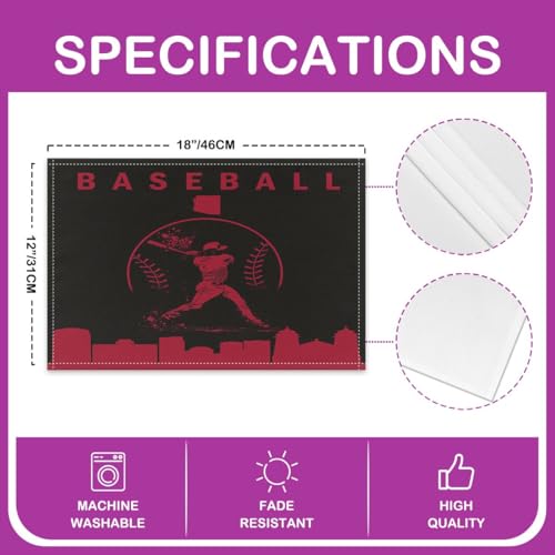 Erosebridal Baseball Place Mat Set of 4 Softball Placement Mats Sports Games Placemats Athlete City Silhouette Table Mats for Kitchen Dining Table, Black Red - color: Black Red