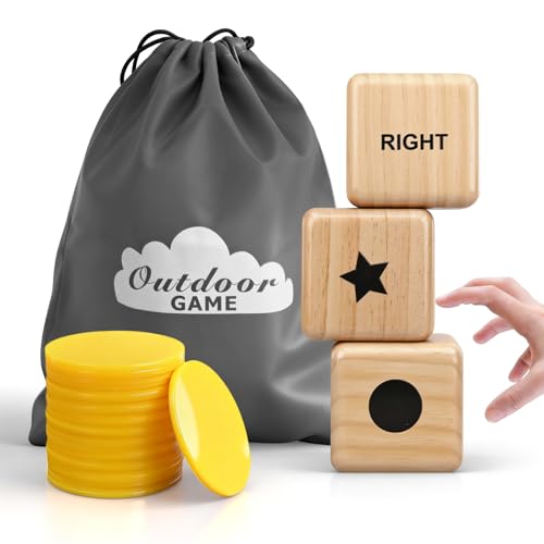 Giant Left Right Point Center Dice Game with 24 Large Chips & Carry Bag. 3.5" Jumbo Wooden Indoor/Outdoor & Lawn Dice Game for Family - color: Jumbo Natural Wood Dice