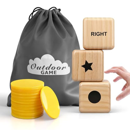 Giant Left Right Point Center Dice Game with 24 Large Chips & Carry Bag. 3.5" Jumbo Wooden Indoor/Outdoor & Lawn Dice Game for Family - color: Jumbo Natural Wood Dice