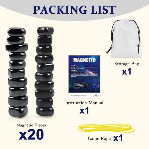 Magnetic Strategy Game Set, 20 Black Magnetic Pieces with Yellow Boundary Rope, Tabletop Party Game for 2 Players, Includes Storage Bag