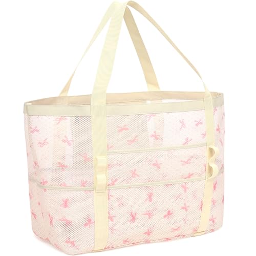 GYEUKHAM Mesh Beach Bag for Women, Sand-Resistant Pool Tote, 9 Pockets (1 Inner Zip), Foldable Family Travel Essentials - color: L-pink Butterfly