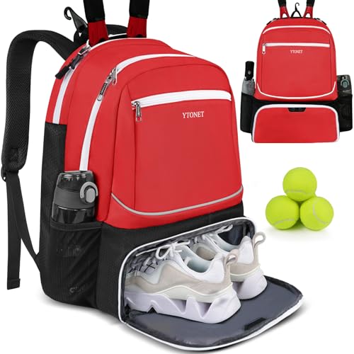 Ytonet Tennis Bag Tennis Backpack for Women Men 2 Rackets with Insulated Pocket Ventilated Shoe Compartment - color: Dark Red