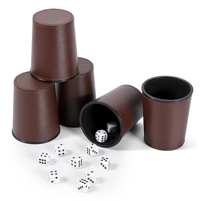 5X Dice Cup Set, PU Leather Dice Shaker Cups with 30 Dices for Bar Party Yahtzee Farkle Dice Games, Coffee (5, Brown) - color: Brown X5