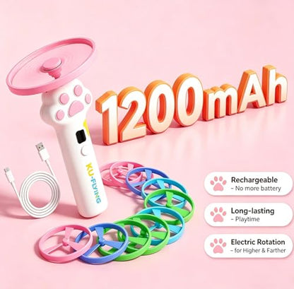 Cat Fetch Toy Auto Launcher 6 Discs 30m Range USB-C Rechargeable | Upgraded automatic disc launcher with 6 premium discs (3 glow), 30m range, USB-C rechargeable. Interactive indoor cat toy.