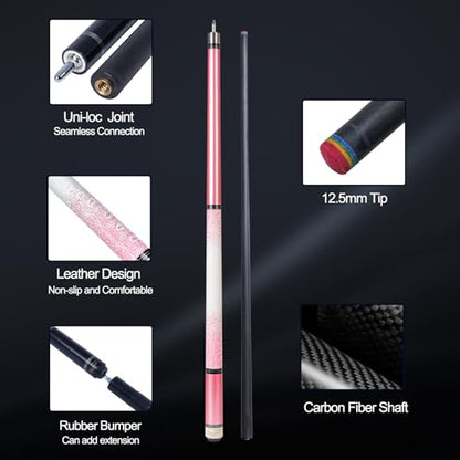 Carbon Fiber Pool Cue Stick 12.5mm Rainbow Tip Low Deflection Pool Stick with Uni-loc Pin Joint and Extension Pool Stick-20 oz - color: Pink-Pro