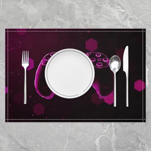 Erosebridal Boys Gaming 4 PCS of Placemats 12x18 Video Game Place Mat for Dining Table Geometric Lights Modern Non Slip Table Mats Pink Neon Hexagon Honeycomb - color: Pink
