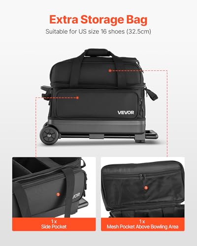 VEVOR Bowling Ball Bag, 2-Ball Bowling Bag with Wheels, Featuring a Separate Compartment for Shoes (Up to US Size 16) & Oversized Accessory Pocket, Retractable Handle Extends to 41.32 in - style: Black